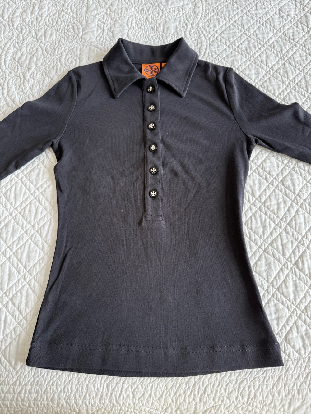 Tory Burch Black 3/4 Sleeve Polo Button-Front Women's Top